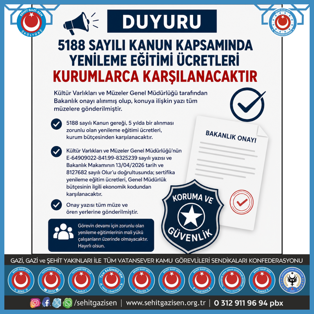 5188 Sayılı Kanun Kapsamında Yenileme Eğitimi Ücretleri Kurumlarca Karşılanacaktır